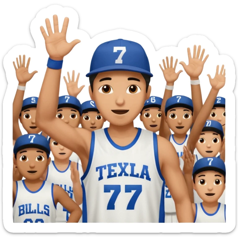 Maverick Trevillian in the crowd at an amateur basketball game. He leans towards the camera and enthusiastically shouts "six seven while performing a distinctive hand gesture: both hands open, palms facing upward, moving up and down as if weighing two options. sticker