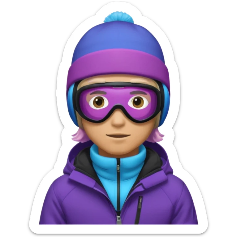male Pro Snowboarder with white beanie, ONE pair of purple and blue frameless goggles and a black jacket sticker