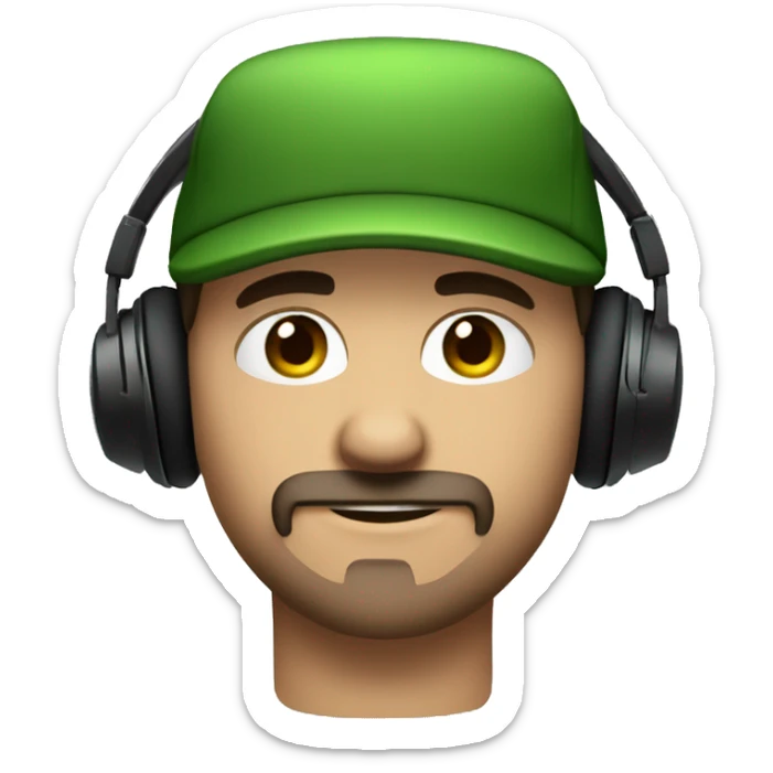 cool guy blue eyes brown hair headphones black goatee wearing a green backward hat sticker