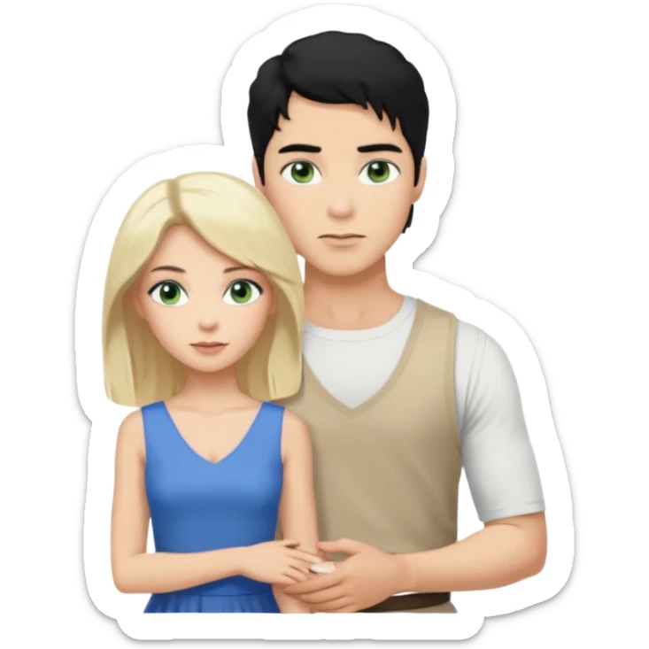 prince,  black Hair, blue eyes, garment,  woman, siiting in man white sleveless dress, blonde hair, green eyes, sticker