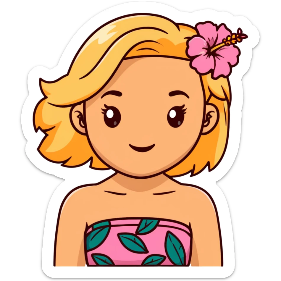 tan girl with blonde hair and brown highlight streaks with a hibiscus flower in her hair wearing a pink tube top with tan lines showing sticker
