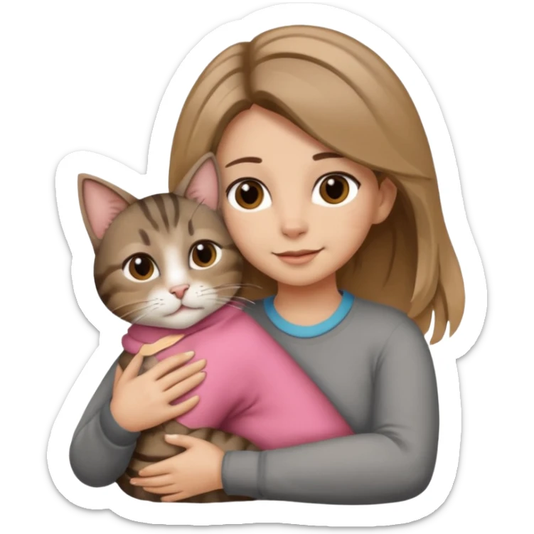Une femme avec les cheveux dégradée, brun et blond, qui fait un câlin à son chat gris, tigré avec les extrémités que pattes pointe d’oreilles noires et le dessous du menton blanc  sticker