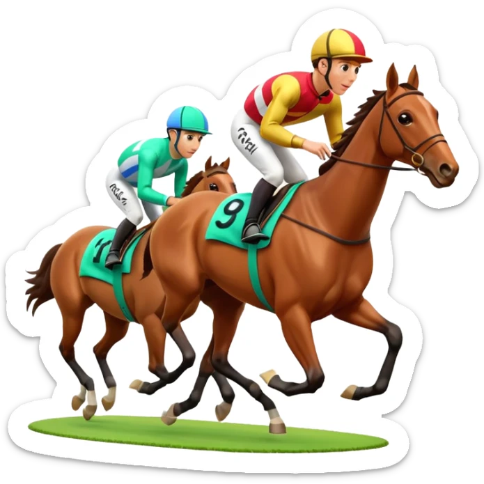 A 3D cartoon horse race scene with jockeys in motion, grassy track, bright daylight, Memoji-style rendering. sticker