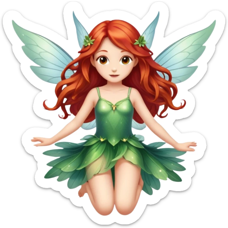 Une magnifique fée mignonne avec  de belles ailes qui scintillent une magnifique robe naturelle avec de très long cheveux roux avec des yeux marrons de belle jambe qui vol et  sticker