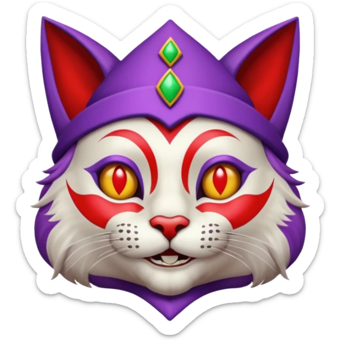 crazy colorful cute little cat jolly joker from poker, medieval, vintage, court jester, mac os icon, purple and red color, chromed inserts, half body sticker