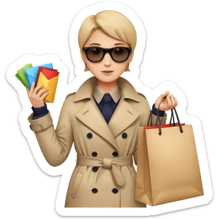 mystery shopper in trench coat, sunglasses, holding a shopping bag sticker