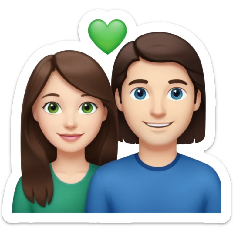 “A pink Polaroid-style photo of a couple: a white woman with long brunette hair and blue eyes, and a white man with short brunette hair and green eyes.” sticker