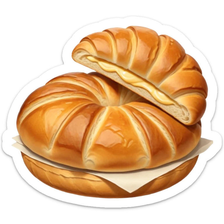 meat.A group of baked goods: a round bread roll beside a small croissant on a warm golden background. sticker