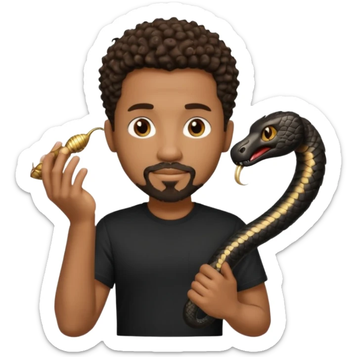 Homme noir, yeux marron avec un bouc menton, cheveux court et bouclé crépus avec un dégradé sur le côté, avec un cobra à côté , t-shirt noir  sticker