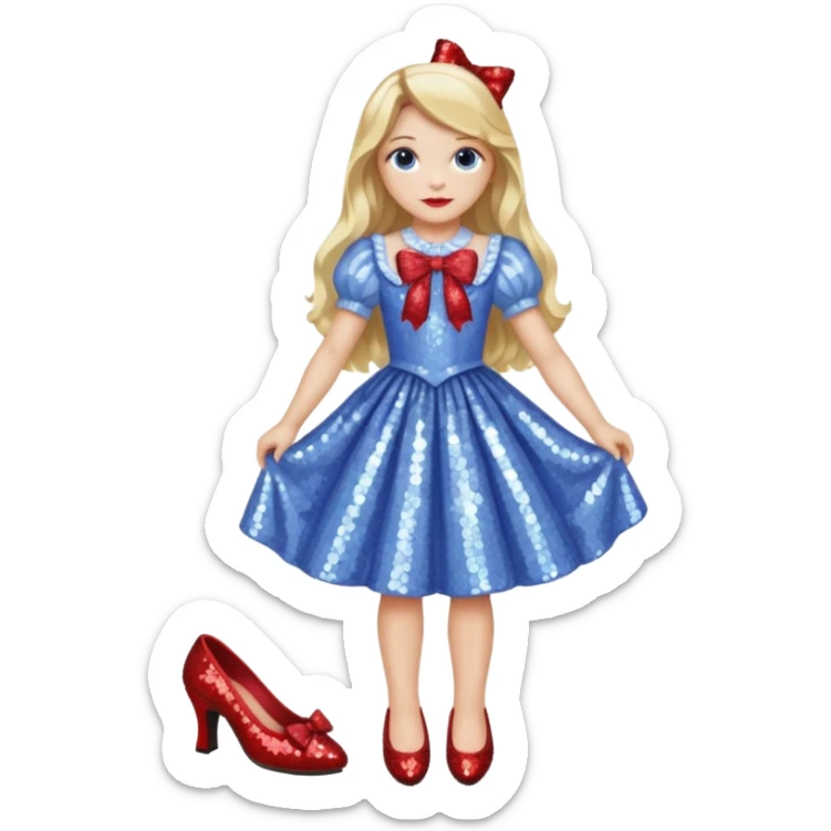 Dorothy Gale from Oz with long blonde hair, periwinkle sequin outfit, red bow sticker