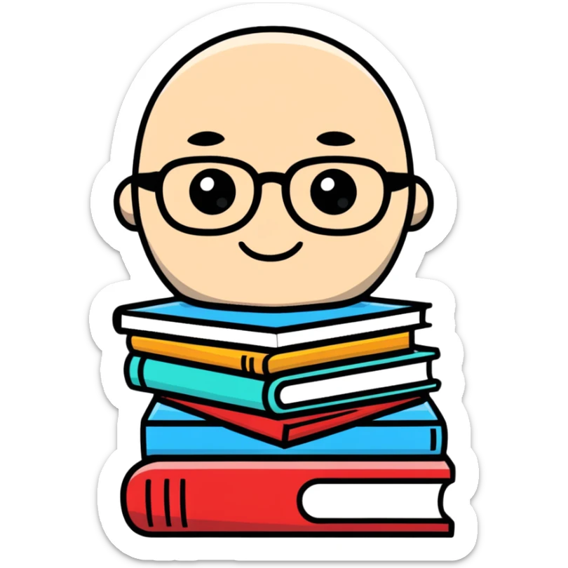 cartoon sticker of an intellectual person with glasses and a stack of books sticker