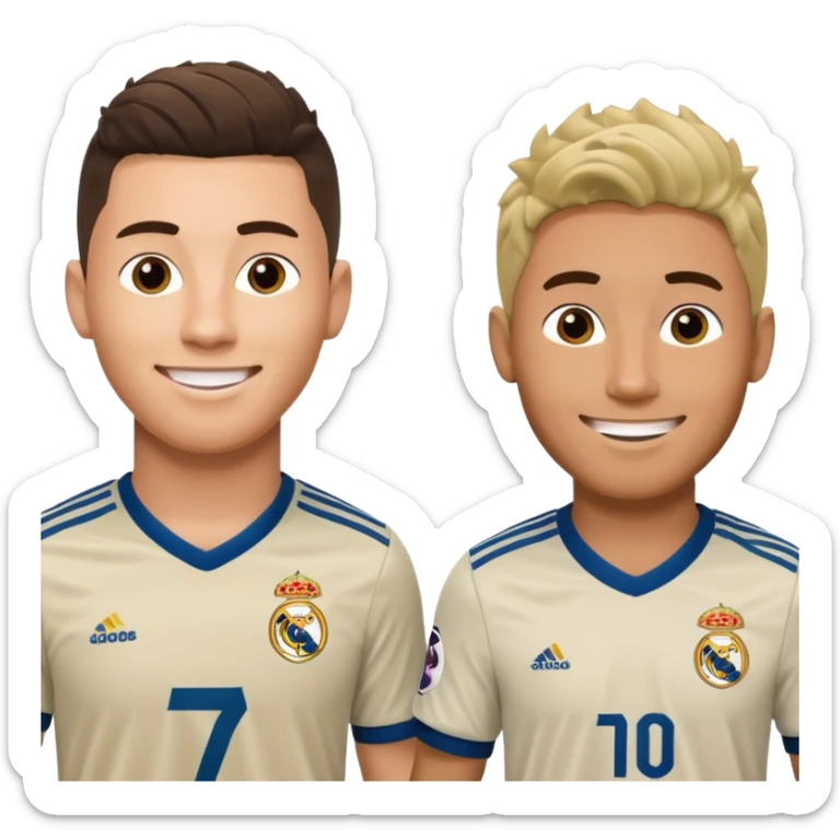 Prime noodle hair ronaldo and prime 2012 messi Smiling in one Photo and make it realistic Ronaldo wearing Number 7 With Madrid and Messi wearing number 10 with barca  sticker