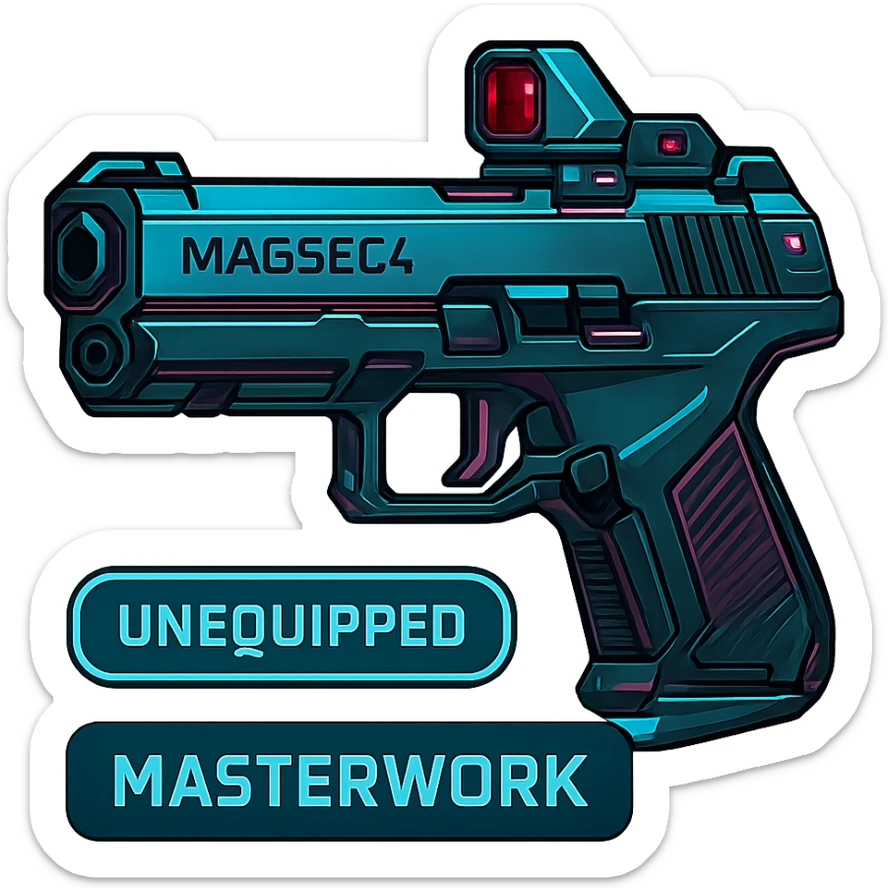 the image is the icon for a videogame  item. futuristic cyberpunk -ready to equip- it is master craftsmanship [ unequipped item ]
It is a magsec4 pistol with a mini-holo - neatly staged 3/4 profile view - orthographic horizontal perspective sticker