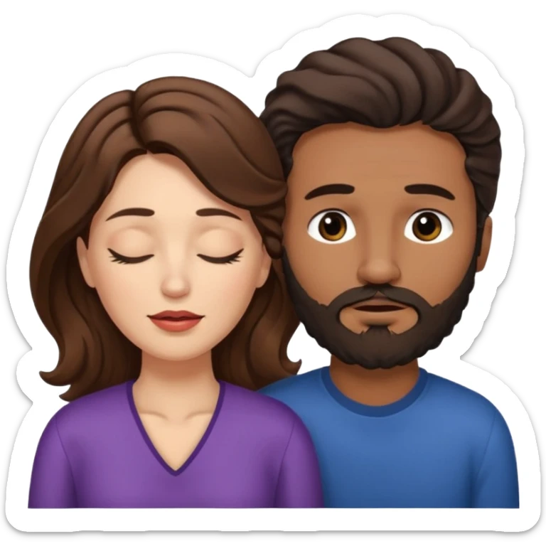 White woman (brown hair with eyes closed) and brown man with black wavy hair (has a a beard with his eyes closed too),The woman has her lips on the forehead of the man. sticker