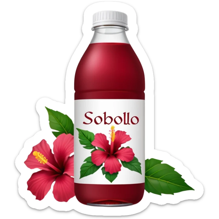 sobolo emoji (Ghanaian frink) in a plastic bottle and make the juice dark red  but a hibiscus on it and  write sobolo on it sticker