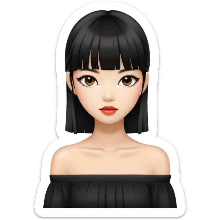 chic woman with Asian skin, black long straight bangs, wearing a black off-shoulder top, and makeup sticker