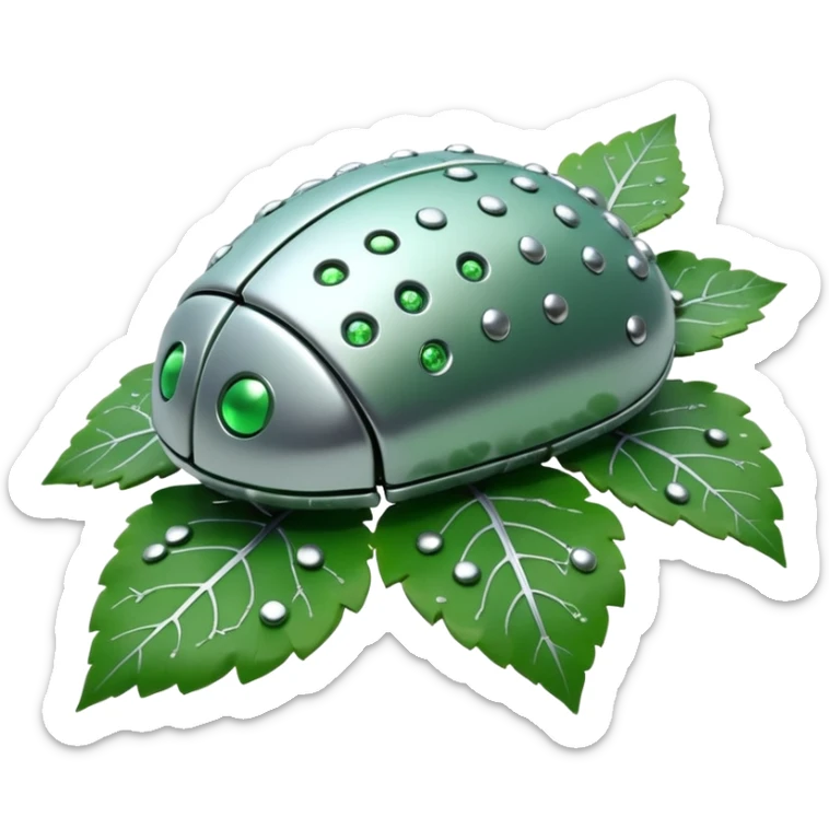 3D render of Nanobot Cloud, futuristic cyborg aesthetic, fusion of organic skin and chrome metal, swarm of tiny silver dots eating a green leaf, isolated on white background --v 6.0. sticker