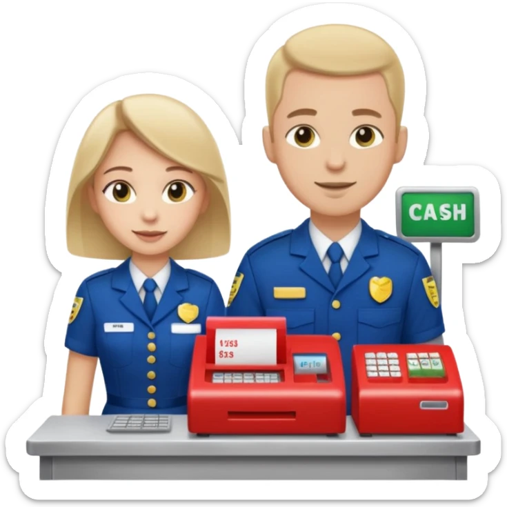 Supermarket employee at a cash register, full body, serving a man sticker