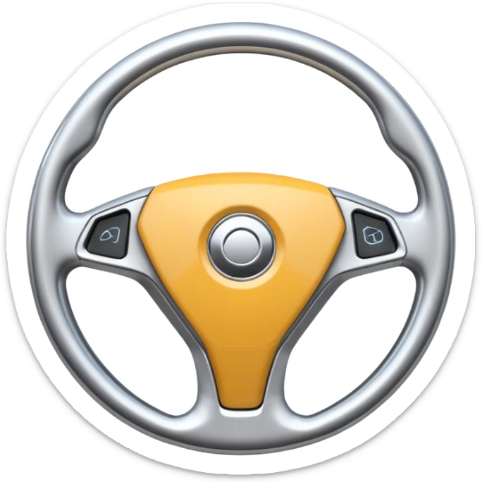 A futuristic steering wheel emoji made of silver chrome, minimal geometric design, smooth metallic surface, soft reflections, iOS emoji style, centered, clean white background sticker