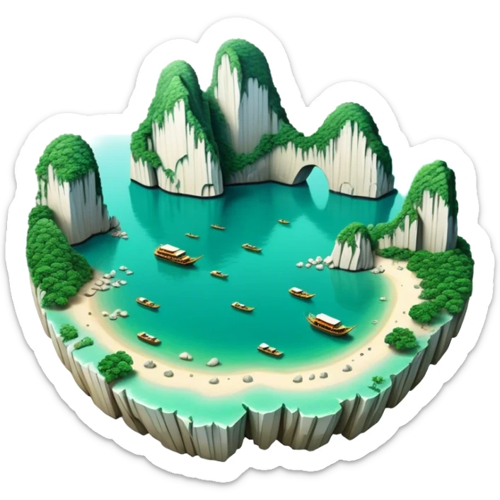 Cinematic Realistic Ha Long Bay Landscape Emoji, depicted with limestone karsts emerging from emerald waters rendered with intricate detail and dynamic natural lighting. sticker