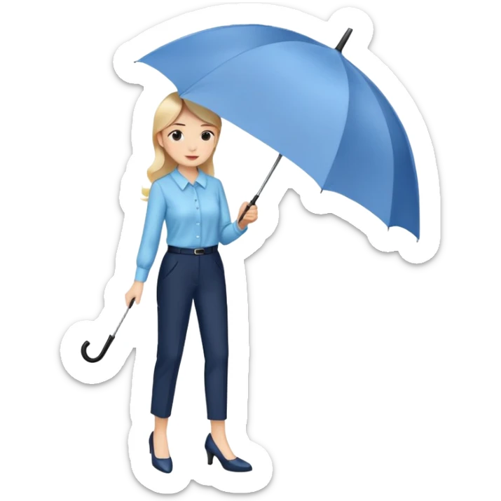 female smart light blue blouse, dark trousers, shoes. one hand holding an umbrella sticker