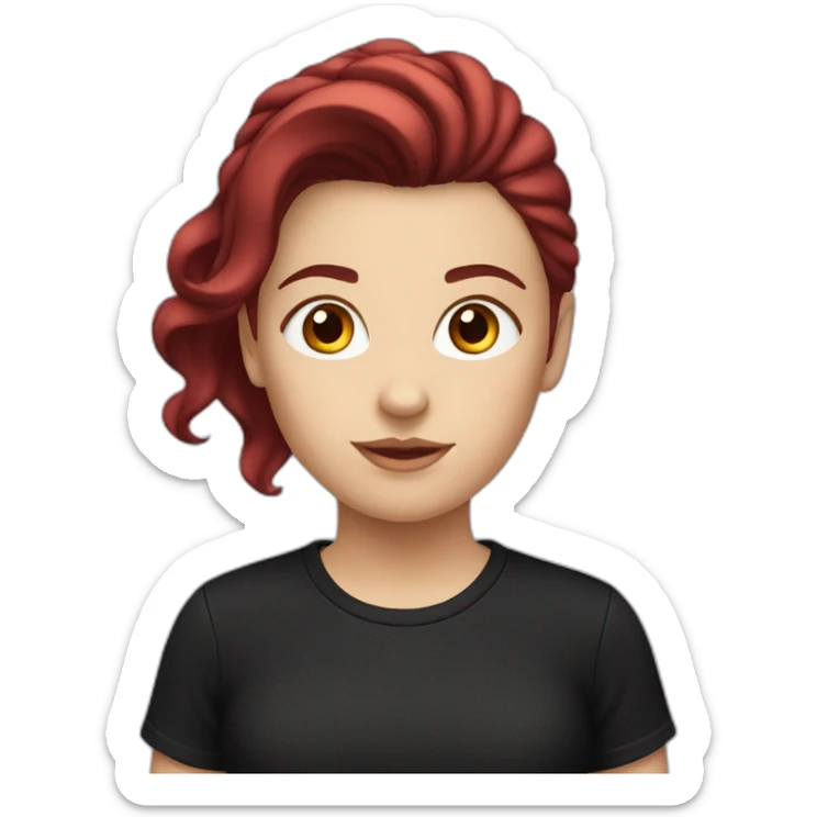 a white girl with burgundy hair in a black T-shirt sticker