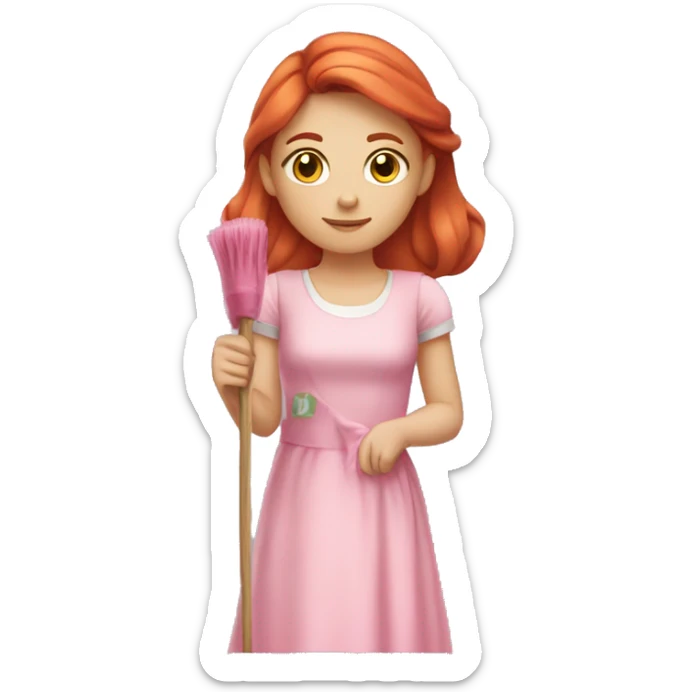 "A beautiful girl with red hair and fair skin, wearing a pink dress, cleaning another dress with a cloth. She is focused on the task and looks determined."






 sticker