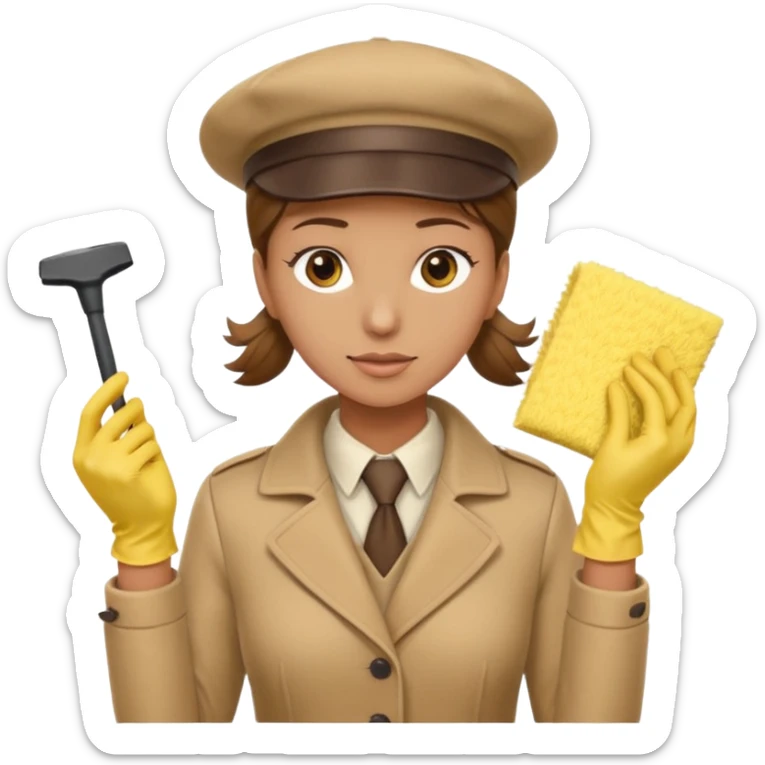 a Detective man with beige hat, a beige coat is interviewing the cleaning Lady with Brown hair, high ponytail and yellow cleaning gloves sticker