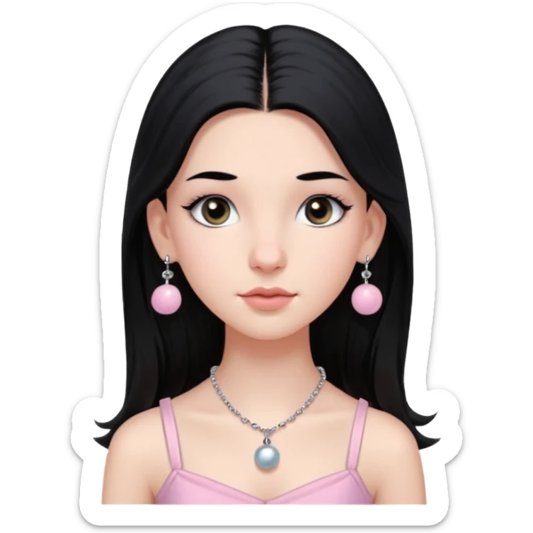 Menina branca ,cabelos longos cor preta , olhos cor preta puxados para cima. Cílios longos, lábios grossos ,nariz pequeno.vestido rosa claro de alça. Colar e brinco bolinha prata pequeno. Jovem de 16 anos  sticker
