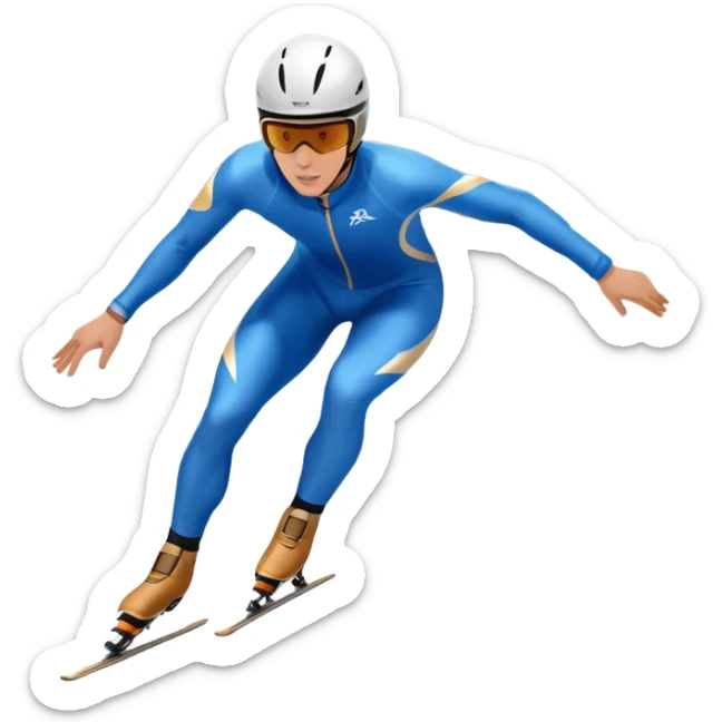 An icon showing a grand arena, snow-covered mountains in the distance, and a crisp blue sky with professional speed skater leaning into a turn on a polished ice track, dressed in a sleek suit and helmet. Transparent background highlights speed and precision. sticker