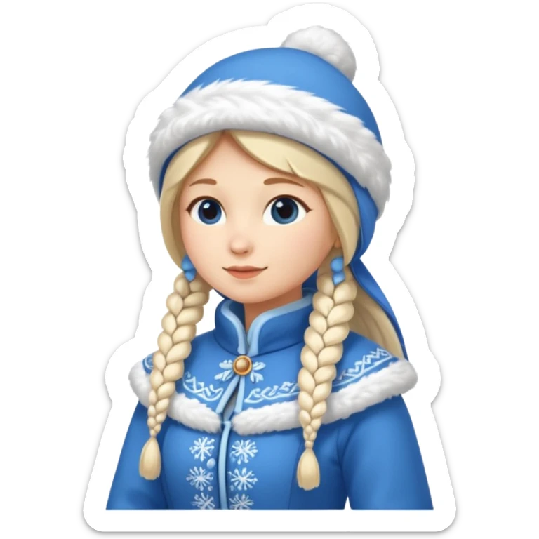 A cute Snow Maiden (Snegurochka) emoji, full body, standing in side view, wearing a traditional blue winter coat with white fur trim, long braid, and a kokoshnik-style winter hat. sticker