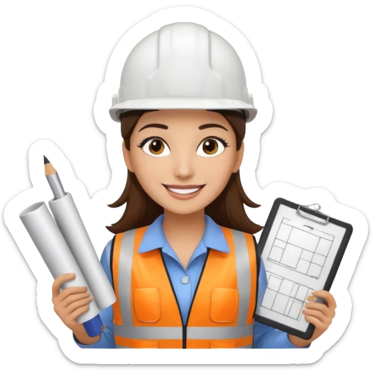 Arquitecta ojos marrones oscuros pestañas piel oliva pelo marron por los hombros sonrie casco blanco chaleco reflectante y material de dibujo técnico sticker