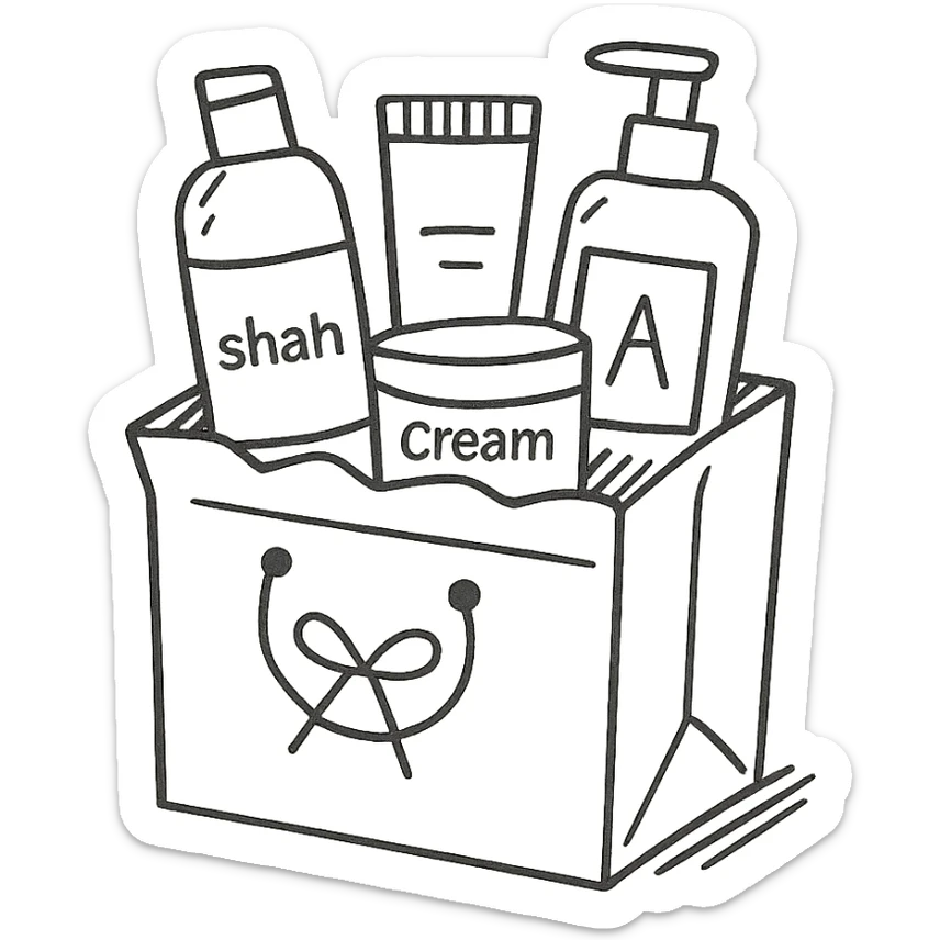 Gift bag with beauty products (shampoo, creams, styling products), a gift bag is beautyful open box full of luxury brand-labeled beauty products sticker