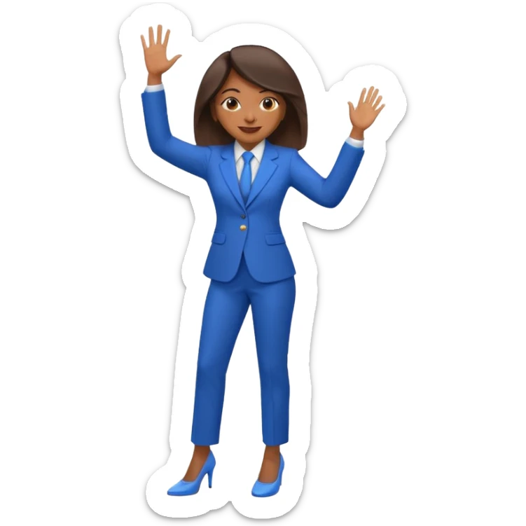 black woman in a blue smart suit and shoes, waving, friendly expression, emoji style sticker