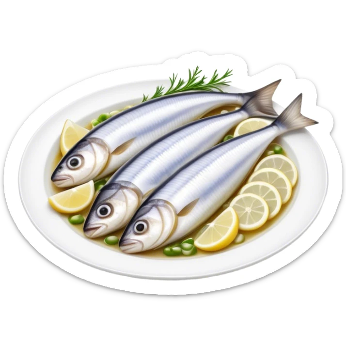 Cinematic Realistic Herring Dish Emoji, showcasing a traditional preparation of fresh herring with onions rendered with lifelike detail and cool, crisp lighting. sticker