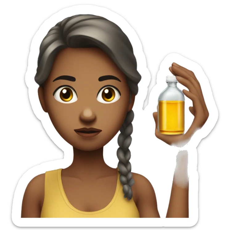 a girl looking annoyed at the phone in one hand and a oil bottle in another hand. She is beautiful but angry. sticker