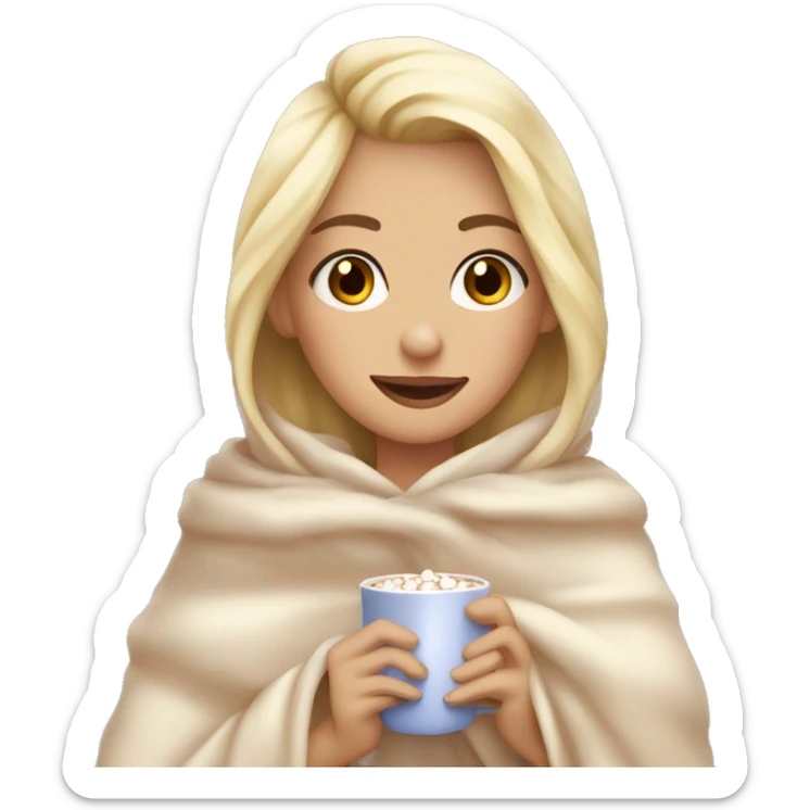 pretty blonde girl wrapped in big blanket drinking hot chocolate with marshmallows  sticker