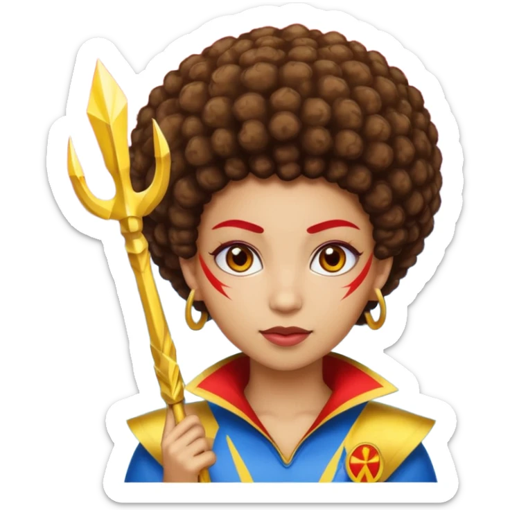 Emoji metisse femboy mais plus masculin avec drapeau ukrainien arriere plan, un afro, sourcils rouge, fourche trident, et eclairs et sur fond bleu clair irrisé. Peau lightskin, yeux marron et cheveux marron bouclés mais en mode afro pixi cut sticker