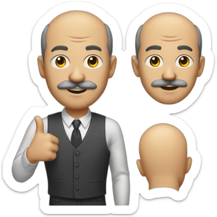 A middle-aged man behind a mustache with short hair and a little balding on the forehead shows a raised finger uphill sticker