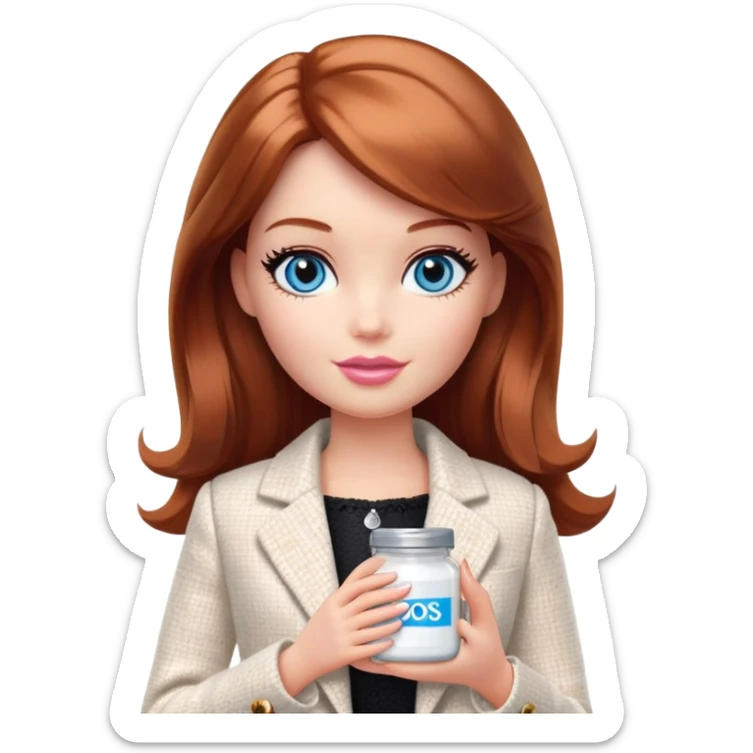 A Barbie girl with blue eyes, shoulder-length reddish-brown hair, made-up, in a white tweed jacket and black skirt, holding a jar of pale beige body cream sticker