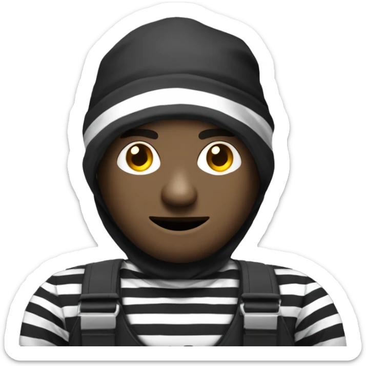 Bank robber, black and white striped shirt, balavlava, dollar money sack sticker