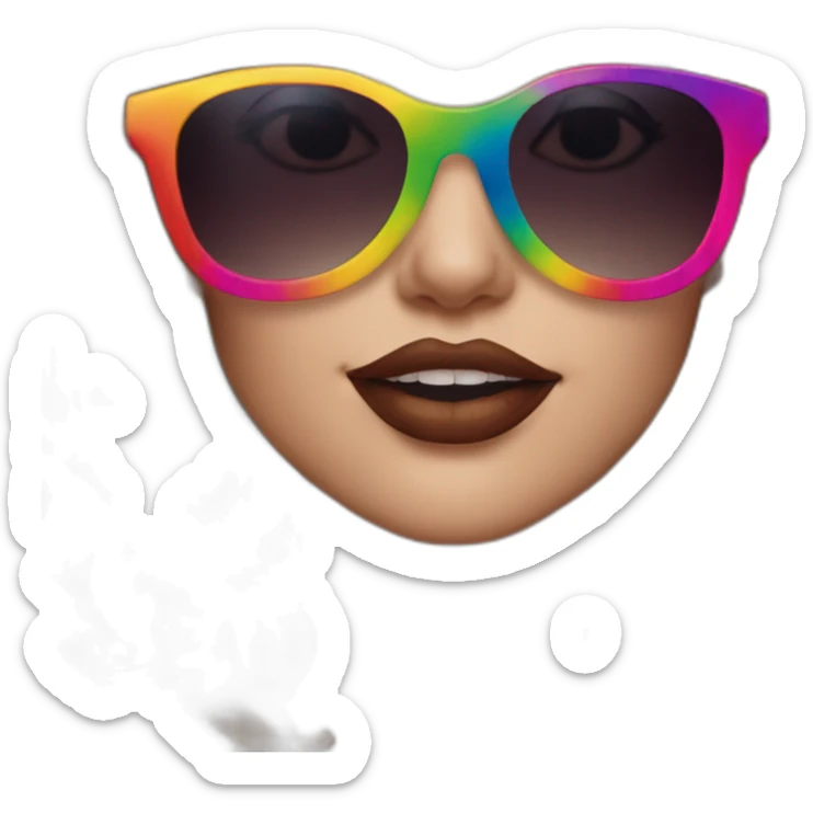 gay pride sunglasses on female head with wavy brown hair and rainbow lipstick sticker