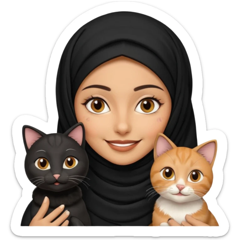A Arabic woman human with brown eyes and black hijab. , the human is a human no cat ears, two cats, the both cats have the colour black and white in the same colour,  NO CAT EARS ON THE HUMAN  sticker