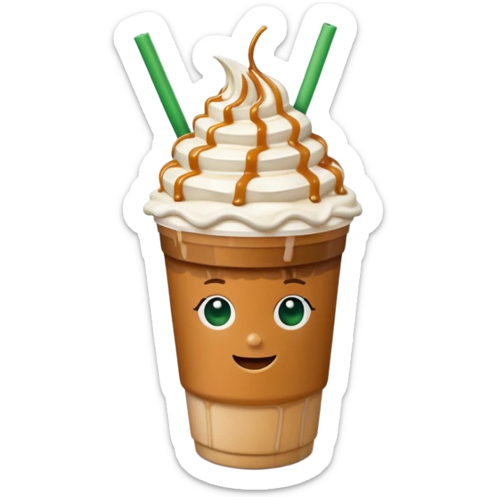A 3D cartoon cup of caramel frappuccino topped with whipped cream and caramel drizzle, green straw, no logo, frosty texture, soft lighting, Memoji-style. sticker