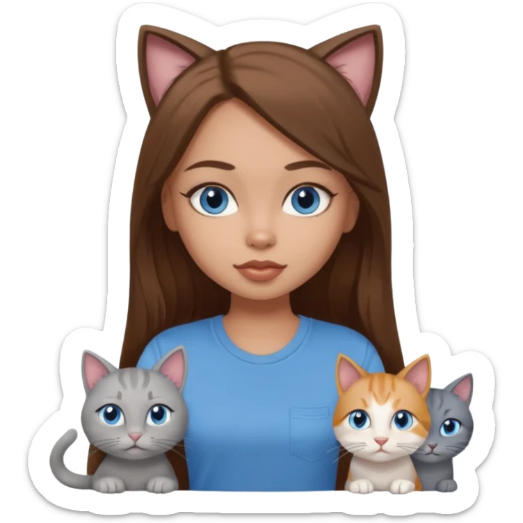 a pretty bratz dusky light skin girl with long brown hair, blue eyes with six cats nd wearing a grey tshirt sticker