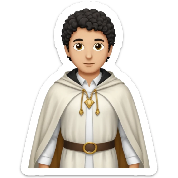 Apariencia: Joven de unos 25-30 años, atractivo,.
-Rostro: Ojos oscuros, piel ligeramente morena, rasgos árabes finos.
-Cabello: Negro, rizado corto, viste como cristiano (camisa blanca, capa corta, colores sobrios). Que salga de cuerpo completo sticker