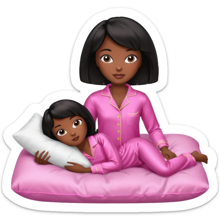 Dark skin Black barbie, short  black bob  hair, pink pajamas laying on pillow  sticker