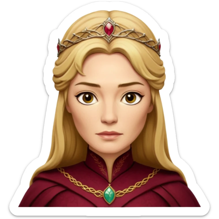 Cinematic Realistic Cersei Lannister Portrait, depicted with lifelike skin texture, subtle rosy undertones, and soft natural lighting that enhances the gentle contours of her face. Her intricately detailed golden blonde hair is elegantly styled , sticker