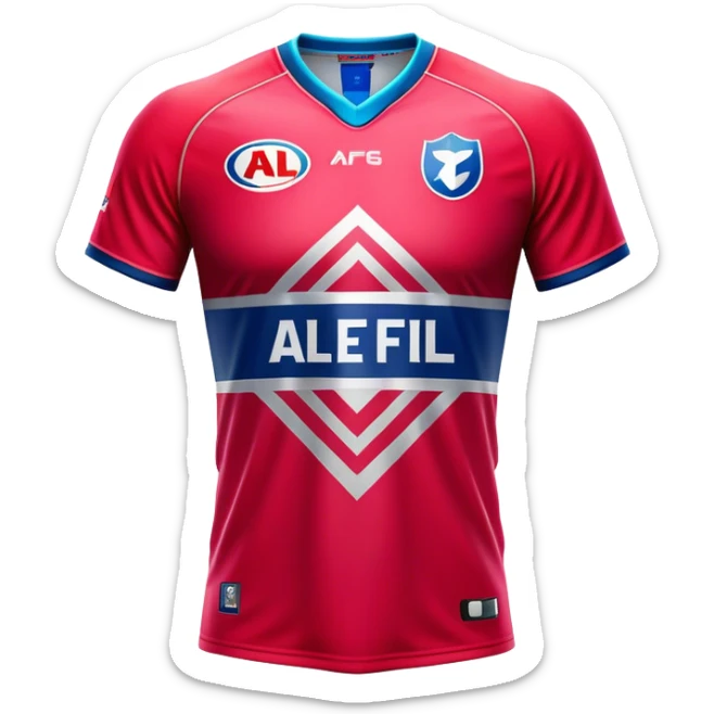 Cinematic Realistic image of an AFL jersey rendered in vibrant team colors with detailed fabric textures and dynamic creases, illuminated by bold, stadium lighting that accentuates its sporty character sticker