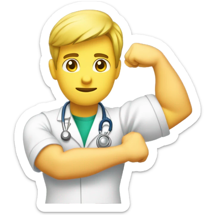 young male doctor flexing one of his biceps, yellow skin, using 2 colors: #ff9800 and #32b5a5 sticker